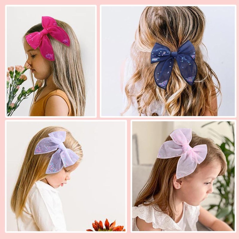 C.N. 6 PCS Tulle Hair Bows for Girls, Toddler Bows with Glitter Star Alligator, Colorful Hair Barrettes Wedding Hair Accessories for Baby Girls Infants Toddler Teens Party (Type B) - Image 2